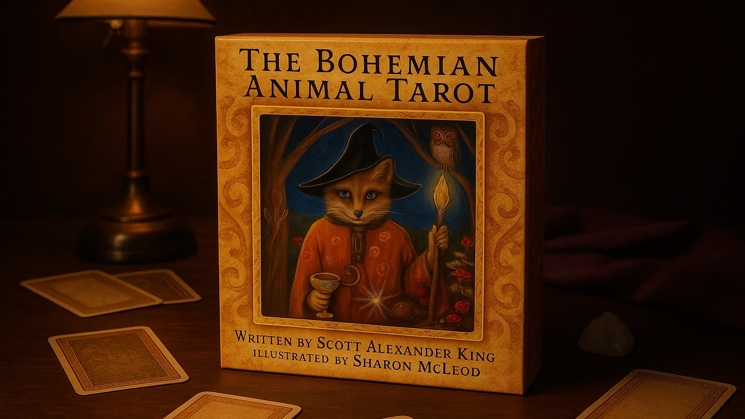 The Bohemian Animal Tarot final product box lifestyle image The Bohemian Animal Tarot Deck by Scott Alexander King and Sharon McLeod in a warm reading-room scene