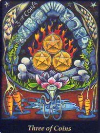 Three of Coins from the Bonefire Tarot deck