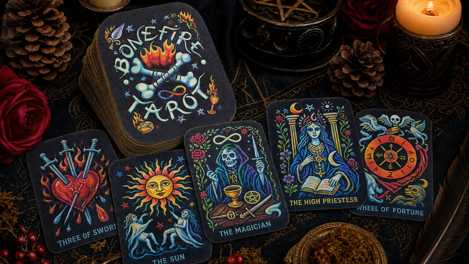 Bonefire Tarot Deck by Gabi Angus-West Bonefire Tarot Deck by Gabi Angus-West in a generated card-table scene