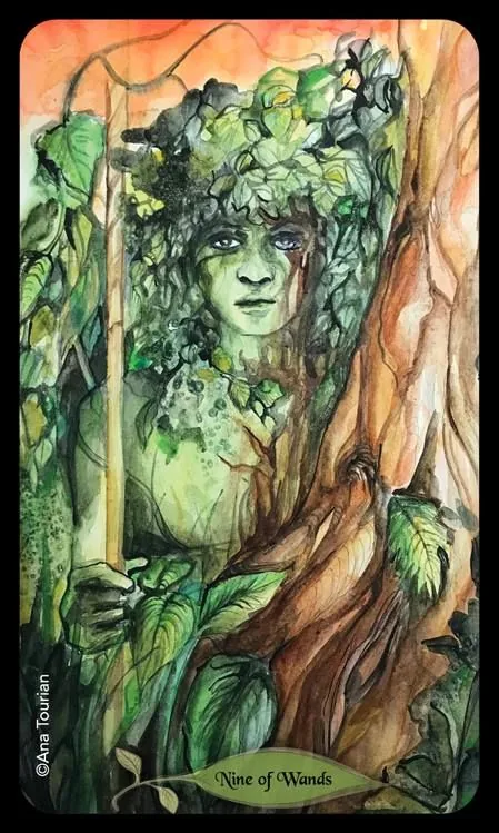 Nine of Wands card from the Bonestone Earthflesh Tarot deck