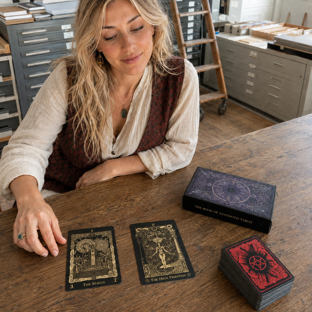 Aurica studying The Magus and The High Priestess from Book of Azazoth Tarot beside the deck box and stacked cards