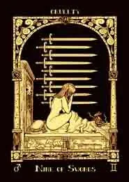 Nine of Swords from the Book of Azathoth Tarot deck