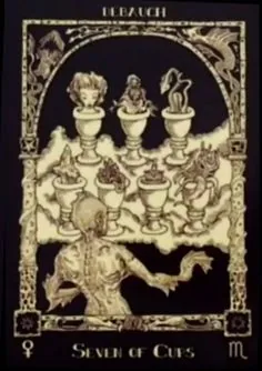 Seven of Cups from the Book of Azathoth Tarot deck