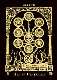 Ten of Pentacles from the Book of Azathoth Tarot deck