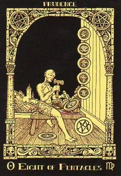 Eight of Pentacles from the Book of Azathoth Tarot deck