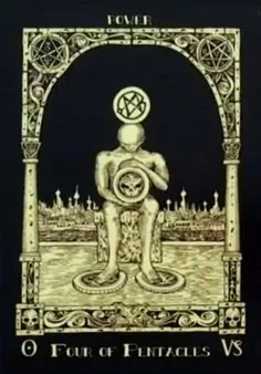 Four of Pentacles from the Book of Azathoth Tarot deck
