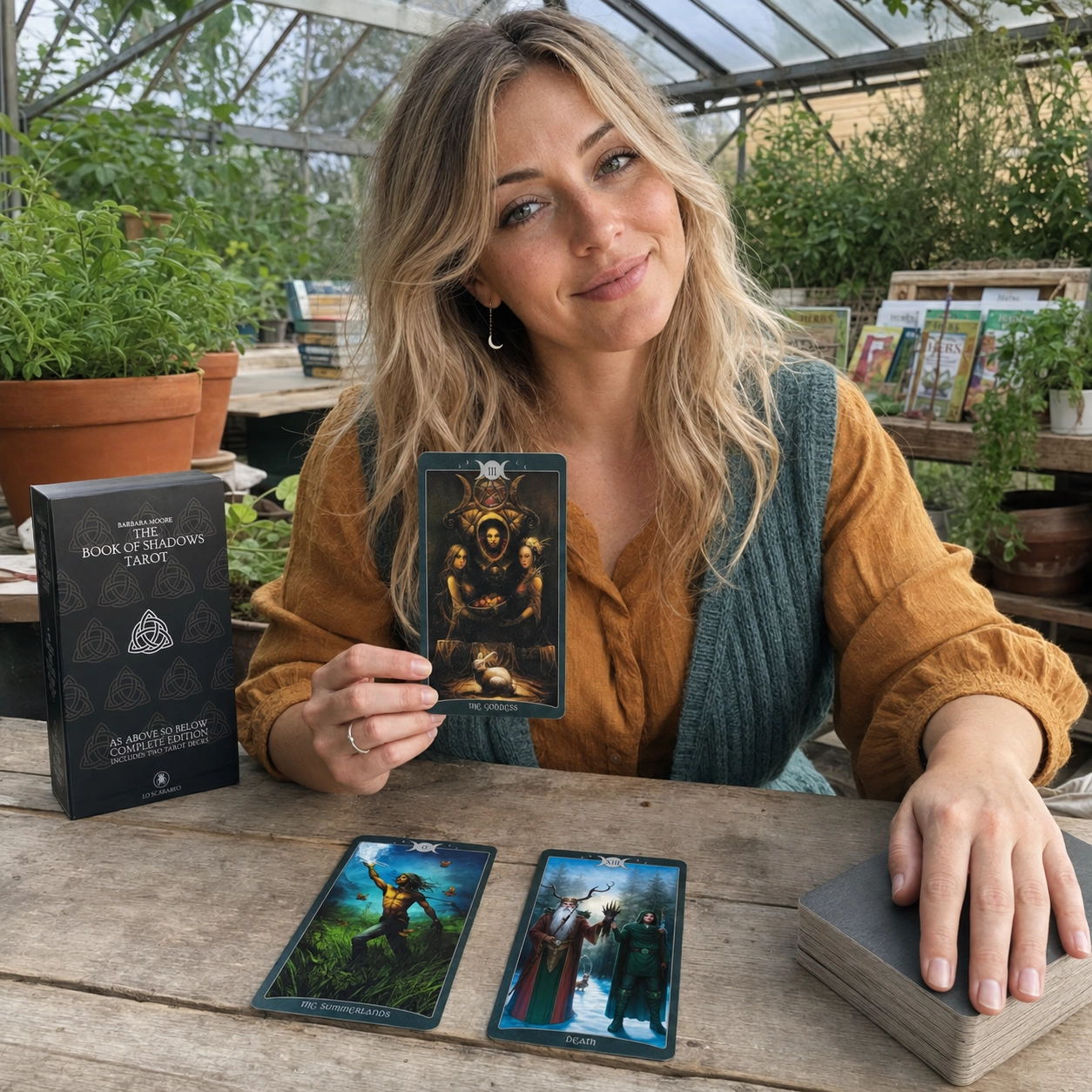 Aurica presenting The Goddess while reading with The Book of Shadows Tarot box, Summerlands, Death, and the stacked deck