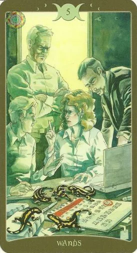 5 of Wands card from The Book of Shadows Tarot Vol 2 deck