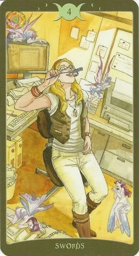 4 of Swords card from The Book of Shadows Tarot Vol 2 deck
