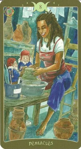 8 of Pentacles card from The Book of Shadows Tarot Vol 2 deck