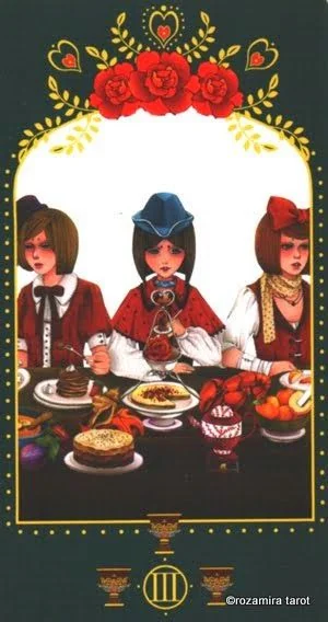 Three of Cups card from the Bowring Heart Tarot deck