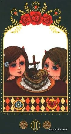 Two of Pentacles card from the Bowring Heart Tarot deck