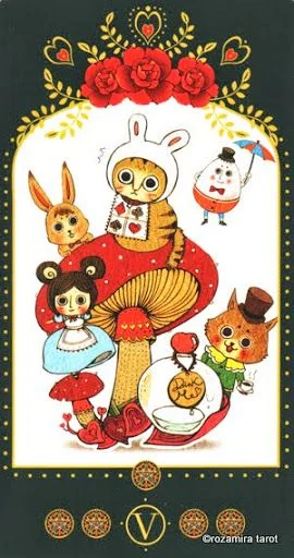 Five of Pentacles card from the Bowring Heart Tarot deck