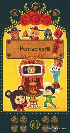 Eight of Pentacles card from the Bowring Heart Tarot deck