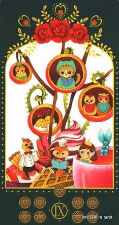 Nine of Pentacles card from the Bowring Heart Tarot deck