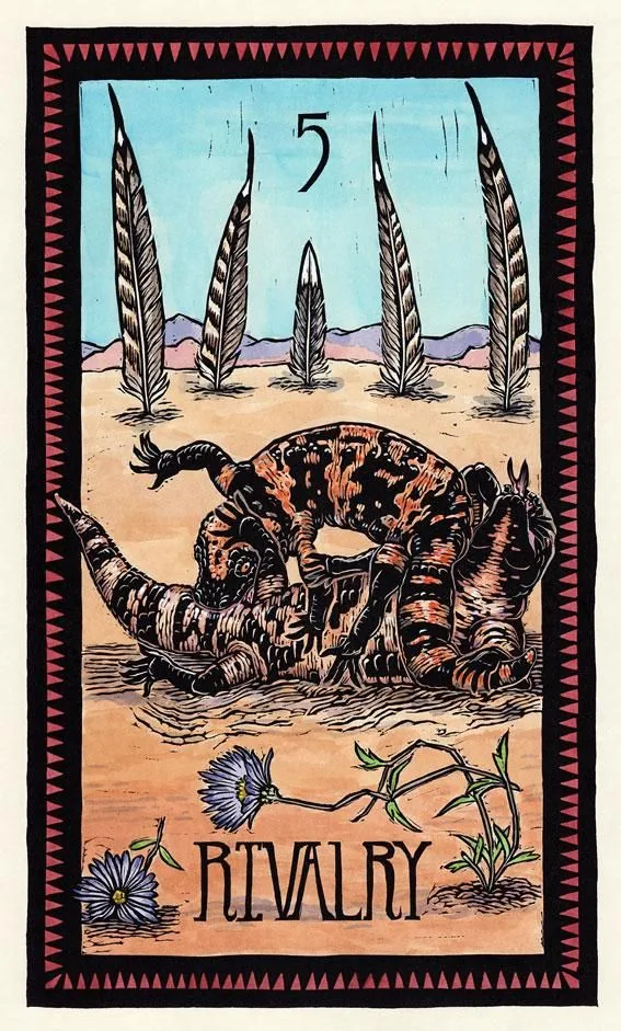 Five of Feathers - Rivalry from the Brady Tarot deck