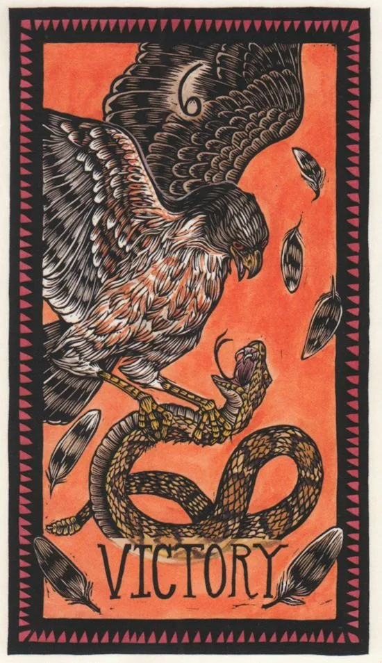 Six of Feathers - Victory from the Brady Tarot deck