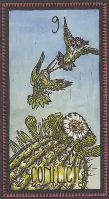 Nine of Feathers - Conflict from the Brady Tarot deck