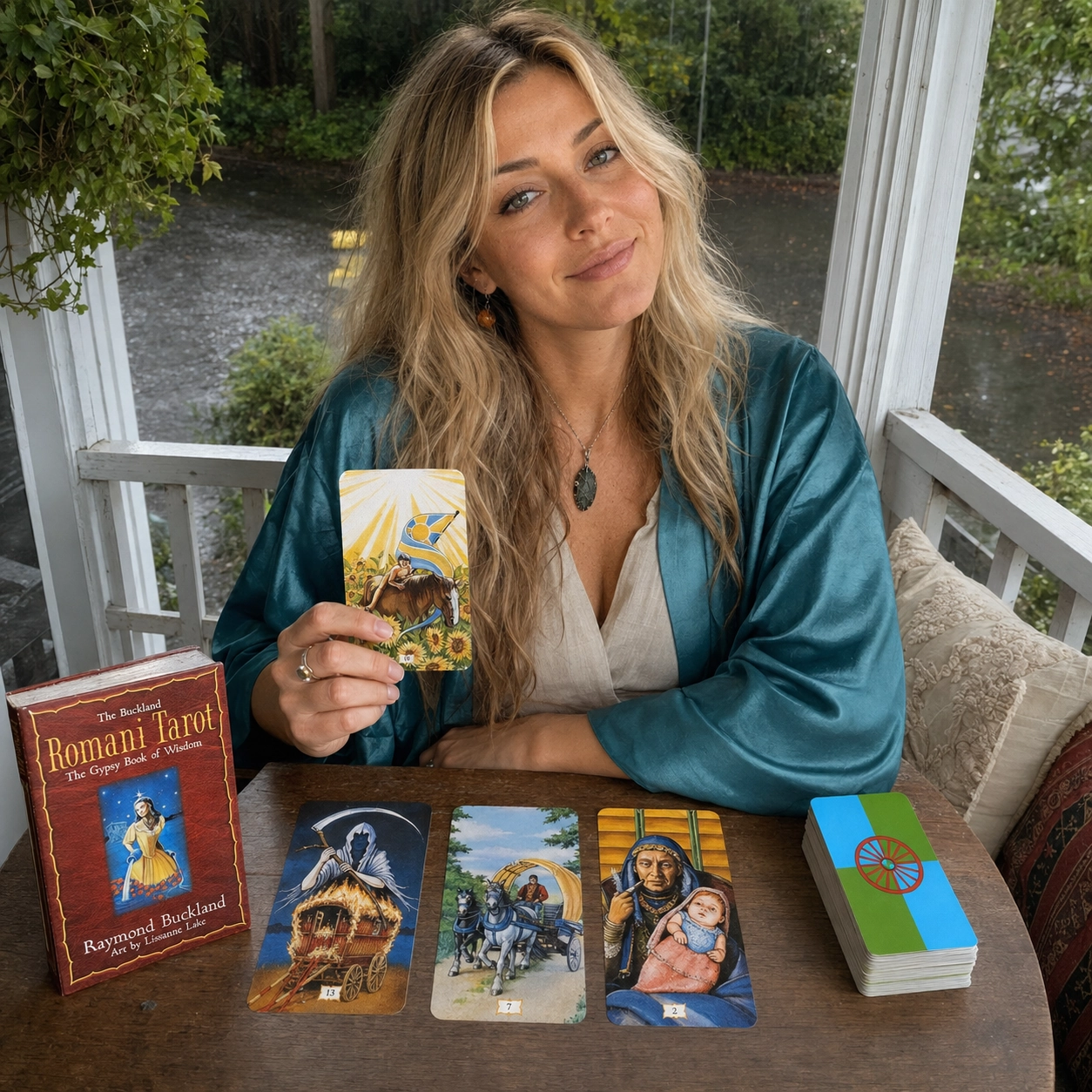 Aurica presenting The Sun from the Buckland Romani Tarot beside its box, a three-card spread, and the stacked deck