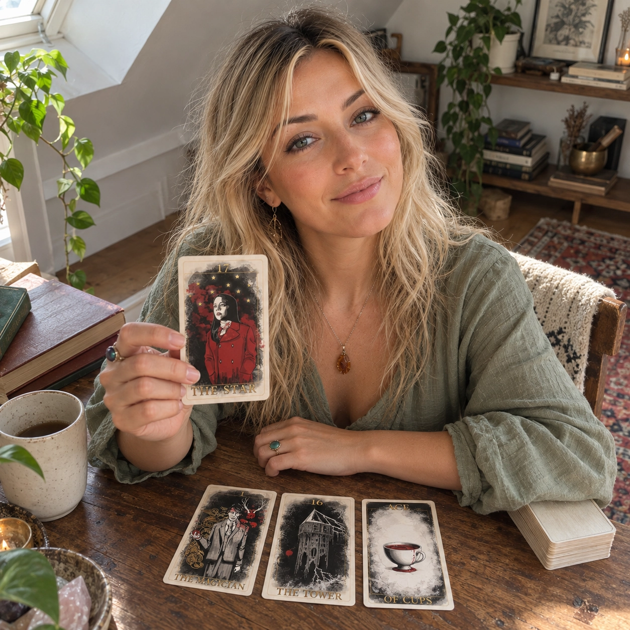 Aurica presenting The Star while reading with the Burning Heart Tarot deck