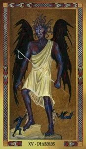 Byzantine Tarot Review 6 Byzantine Tarot dark horned figure before two people card image
