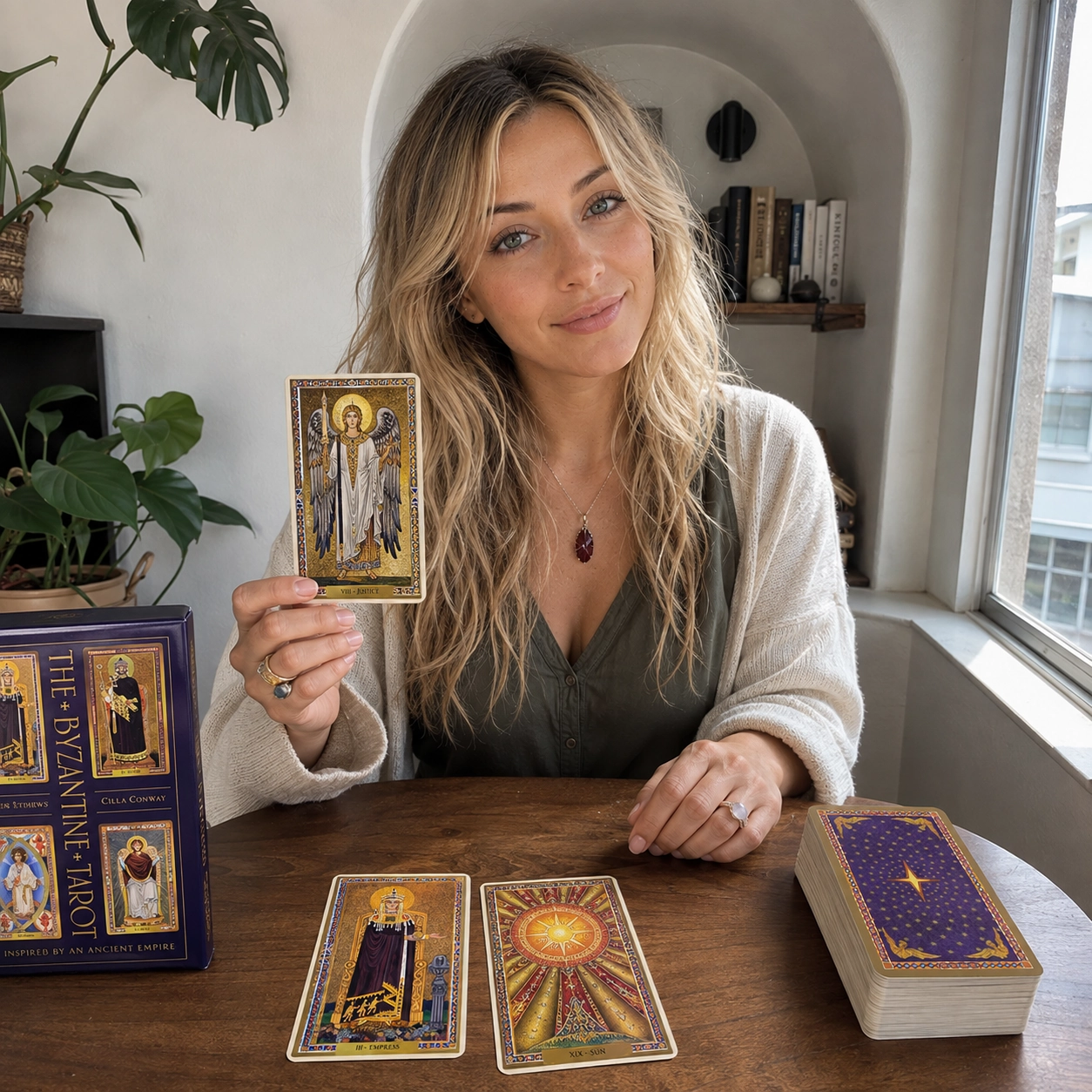 Aurica holding the Justice card while reading with Byzantine Tarot beside its box, Empress, Sun, and stacked deck