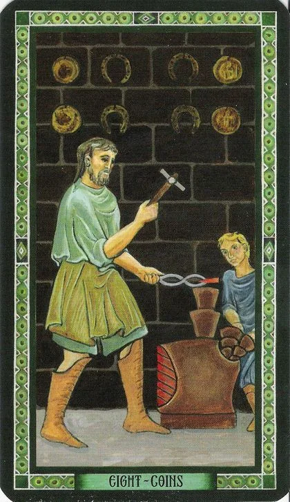 Eight of Coins card from the Byzantine Tarot deck
