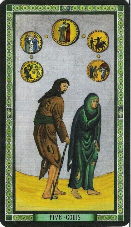 Five of Coins card from the Byzantine Tarot deck