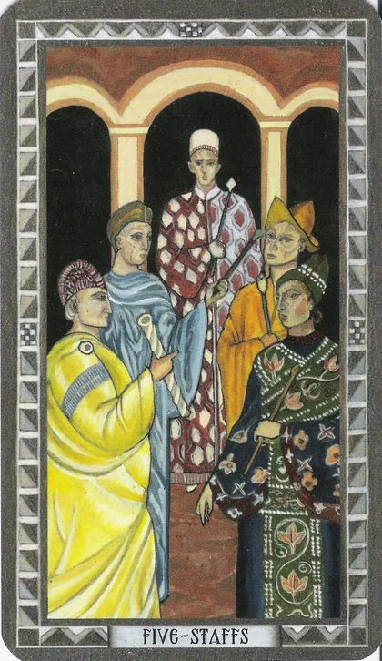 Five of Staffs card from the Byzantine Tarot deck