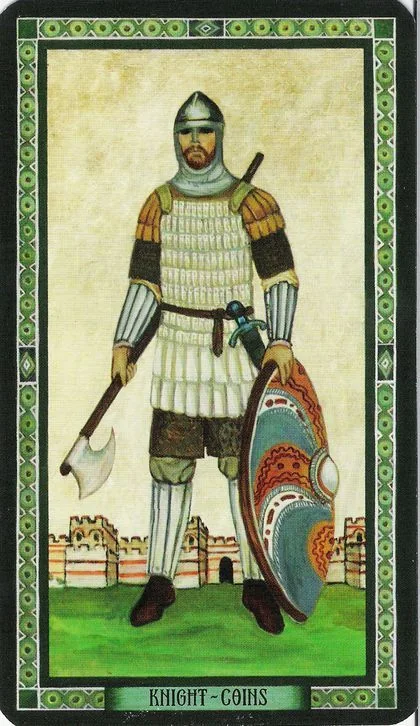 Knight of Coins card from the Byzantine Tarot deck