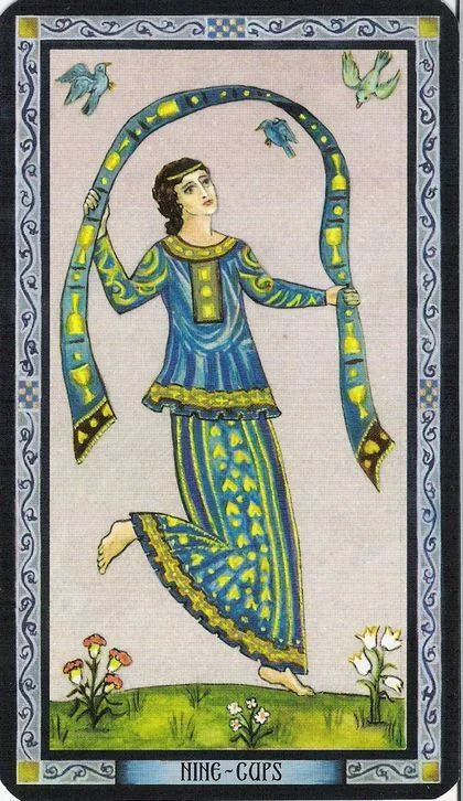Nine of Cups card from the Byzantine Tarot deck