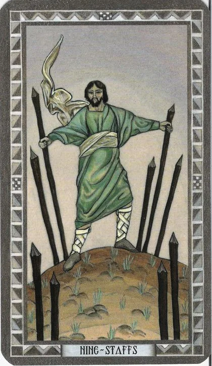 Nine of Staffs card from the Byzantine Tarot deck