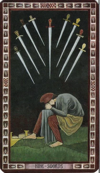 Nine of Swords card from the Byzantine Tarot deck