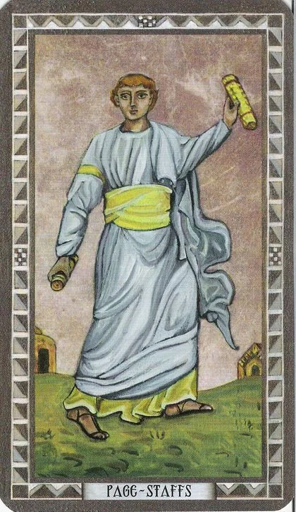 Page of Staffs card from the Byzantine Tarot deck