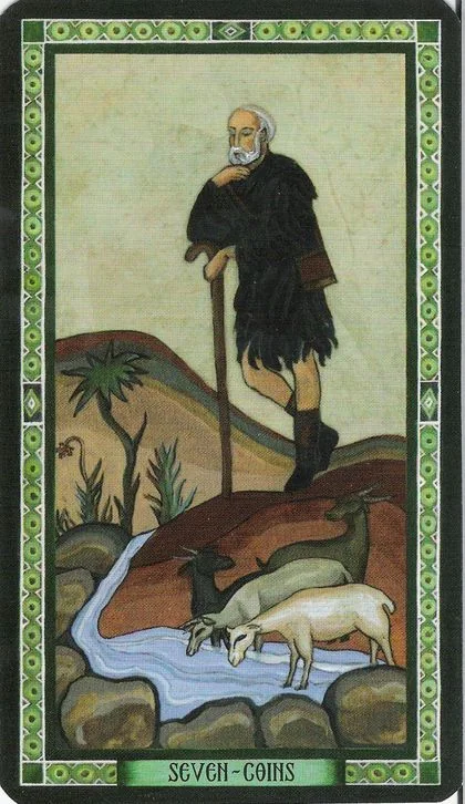 Seven of Coins card from the Byzantine Tarot deck