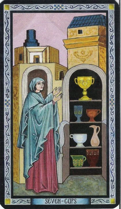 Seven of Cups card from the Byzantine Tarot deck