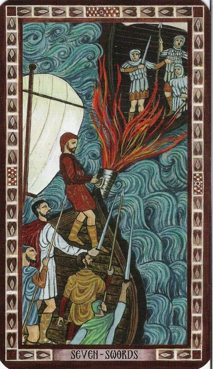 Seven of Swords card from the Byzantine Tarot deck