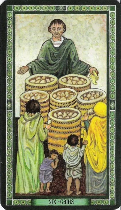 Six of Coins card from the Byzantine Tarot deck