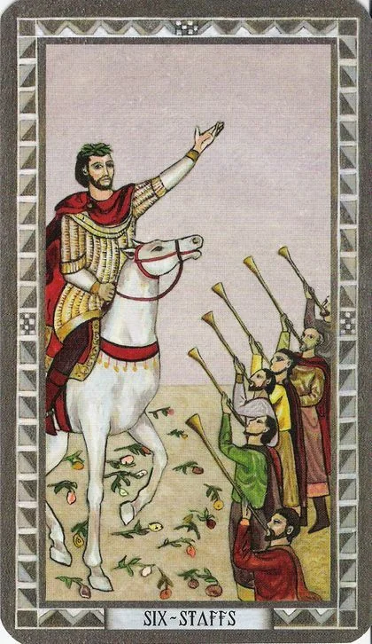 Six of Staffs card from the Byzantine Tarot deck