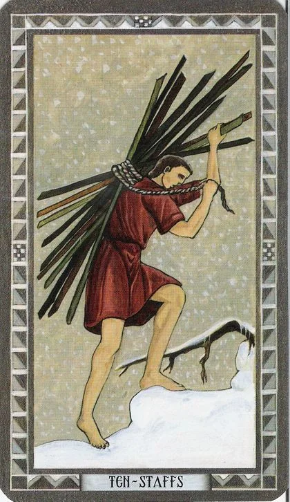 Ten of Staffs card from the Byzantine Tarot deck