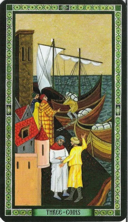 Three of Coins card from the Byzantine Tarot deck