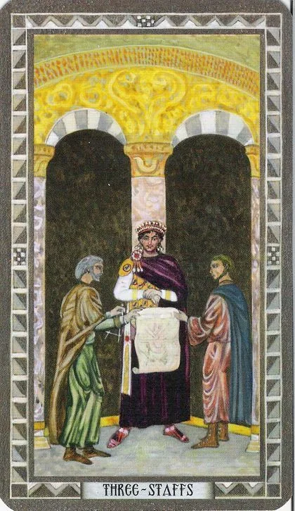 Three of Staffs card from the Byzantine Tarot deck
