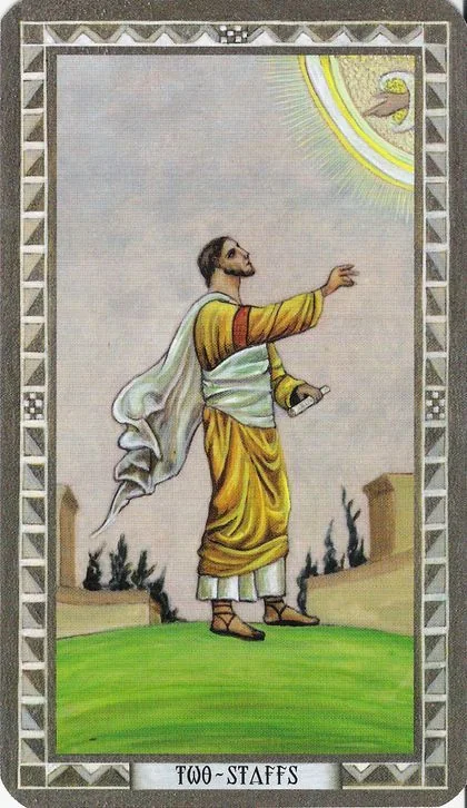 Two of Staffs card from the Byzantine Tarot deck