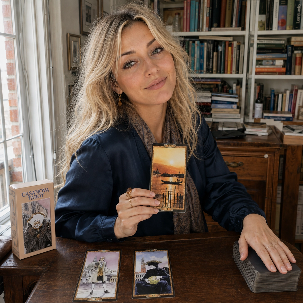 Aurica holding a verified Casanova Tarot card beside the Casanova Tarot box, face-up spread, and stacked deck