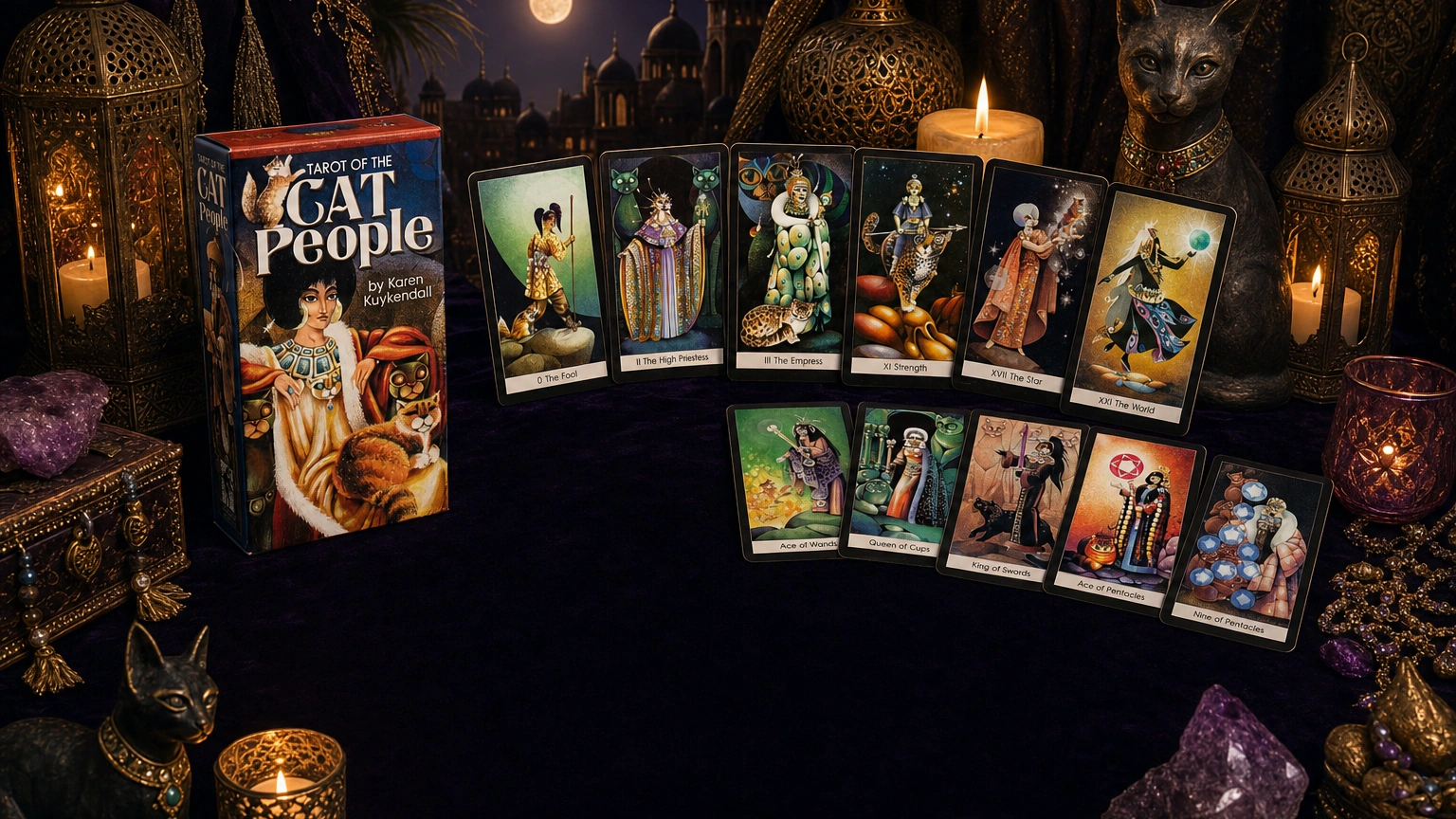 Cat People Tarot Deck by Karen Kuykendall Cat People Tarot Deck by Karen Kuykendall in a generated plum and gold product scene