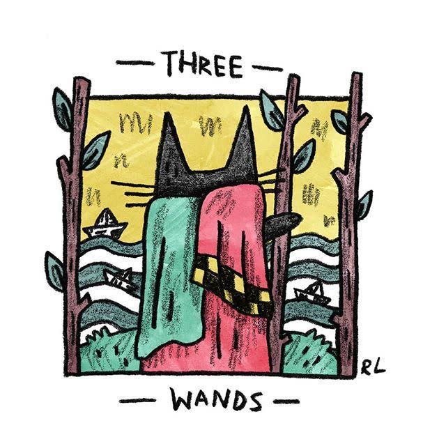 Three of Wands card from the Mini Cat Tarot deck