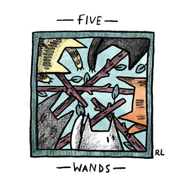 Five of Wands card from the Mini Cat Tarot deck