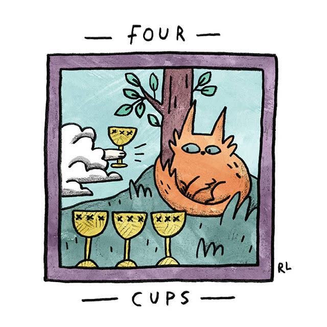 Four of Cups card from the Mini Cat Tarot deck