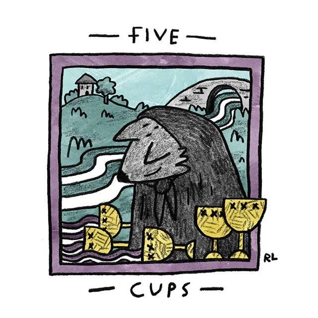 Five of Cups card from the Mini Cat Tarot deck