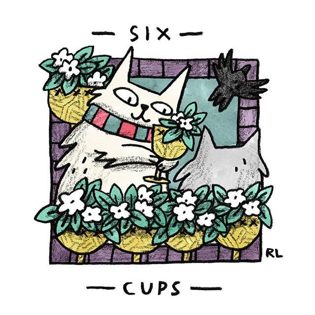 Six of Cups card from the Mini Cat Tarot deck
